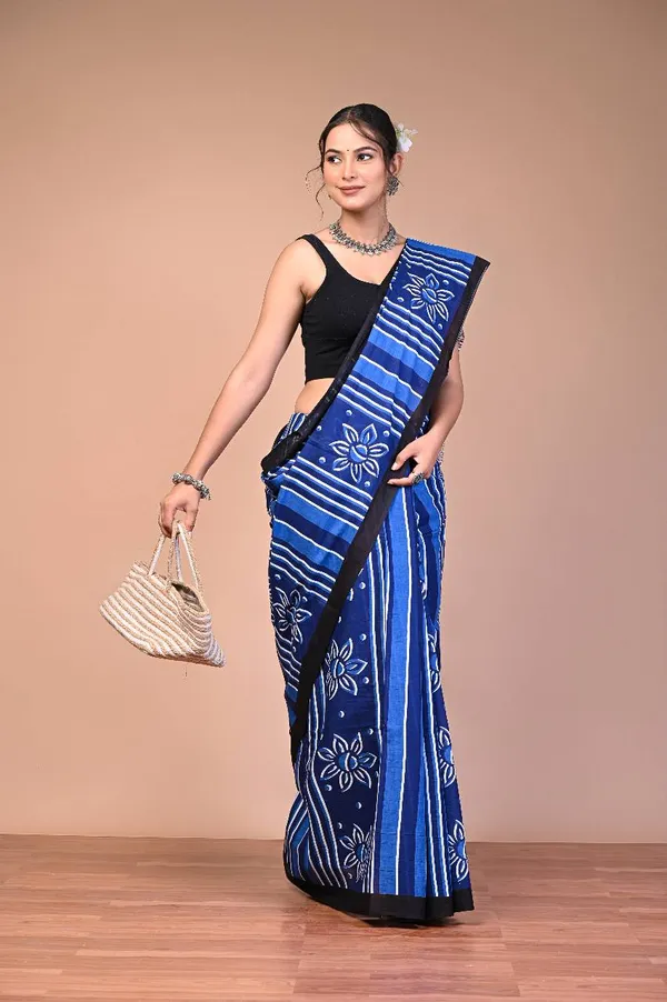 Blue_Cotton_Mulmul_Dabu_Stripe_Ajrakh_Pallu_Saree_For_Women