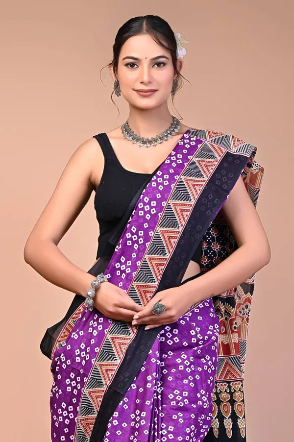 Purple_Cotton_Mulmul_Bandhej_Dot_Print_Saree_For_Women