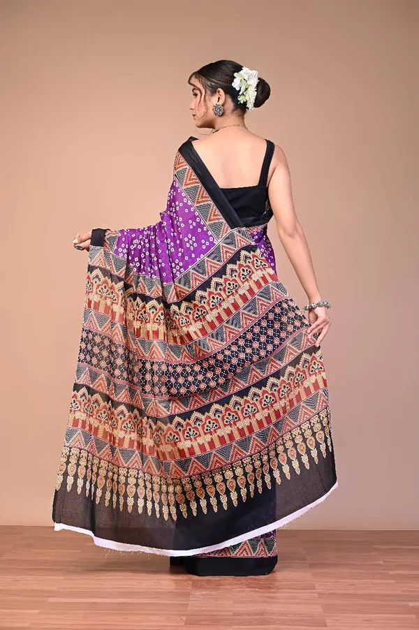Purple_Cotton_Mulmul_Bandhej_Dot_Print_Saree_For_Women