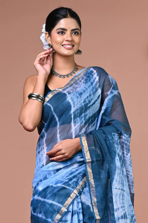 Blue_Kota_Doria_Tie_Dye_Golden_Border_Saree_For_Women