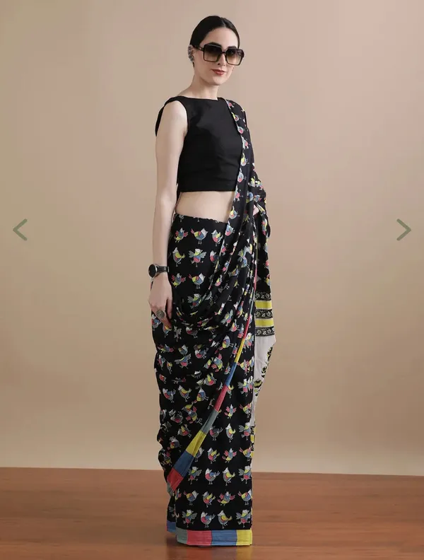 Black_Cotton_Mulmul_Folk_Bird_Printed_Saree_For_Women