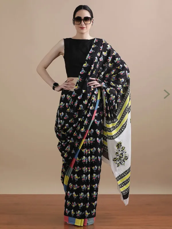 Black_Cotton_Mulmul_Folk_Bird_Printed_Saree_For_Women