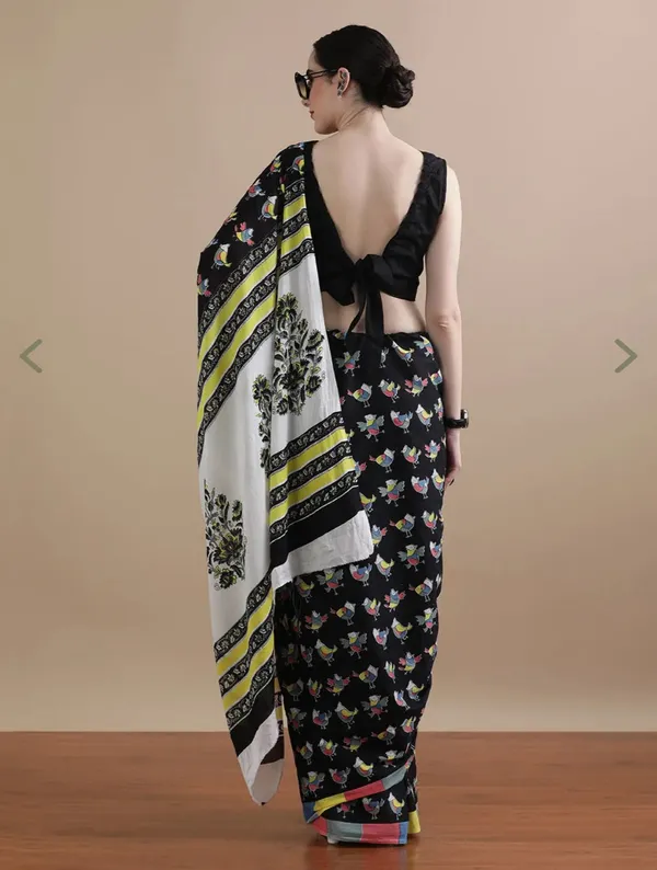 Black_Cotton_Mulmul_Folk_Bird_Printed_Saree_For_Women