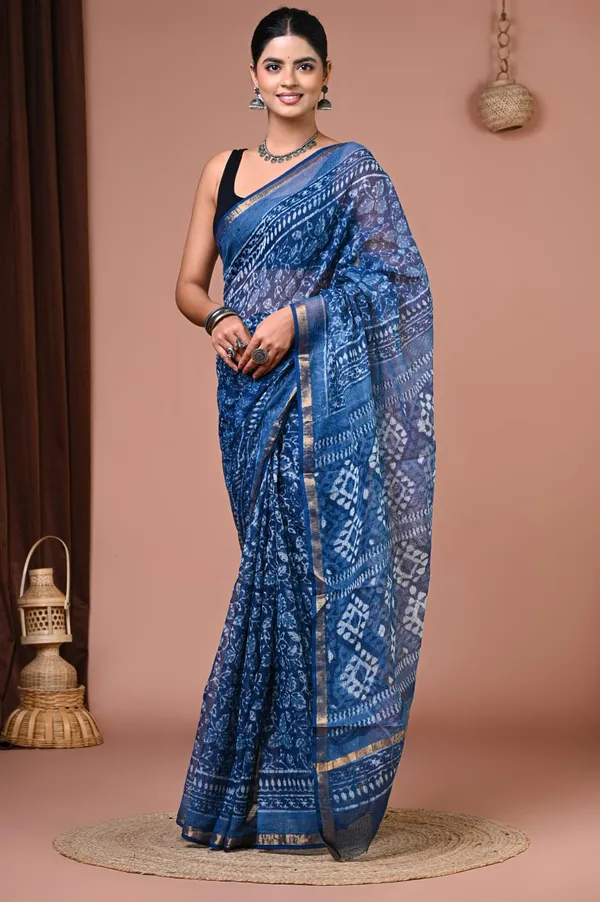 Blue_Kota_Doria_Block_Printed_Saree_For_Women