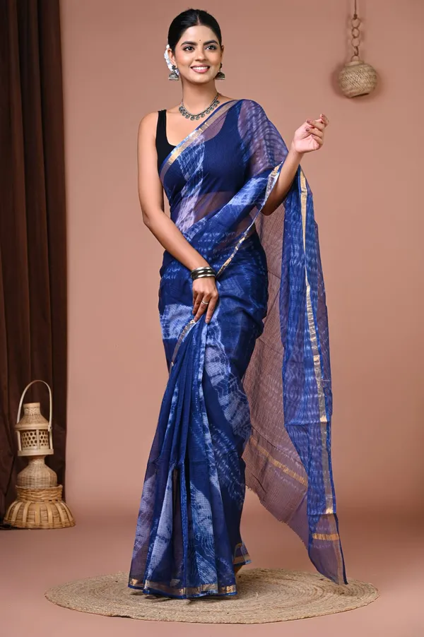 Blue_Kota_Doria_Tie_Dye_Golden_Border_Saree_For_Women