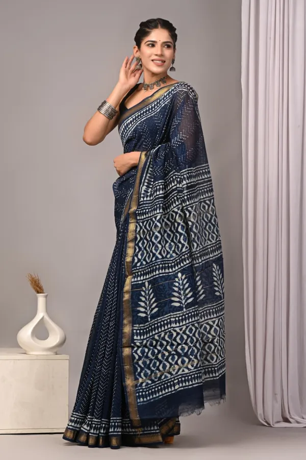 Navy_Blue_Cotton_Handblock_Print_Saree_With_Golden_Border_For_Women
