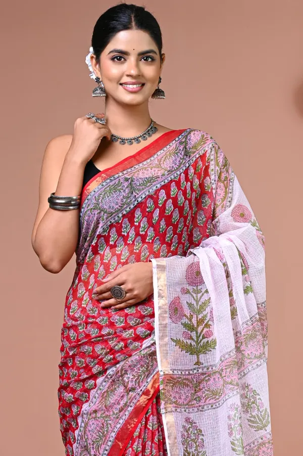 Red_Kota_Doria_Floral_Block_Printed_Saree_For_Women