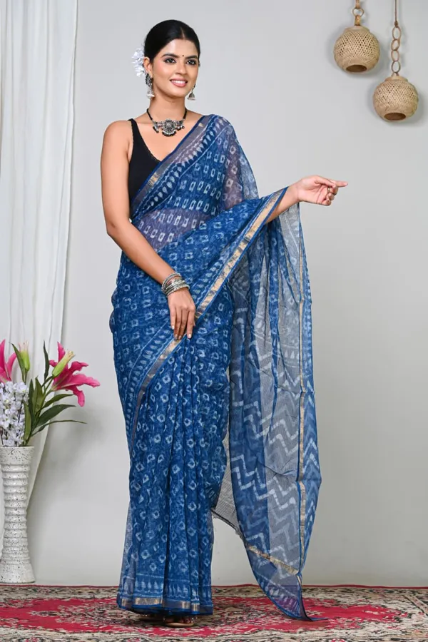Blue_Kota_Doria_Hand_Block_Print_Saree_For_Women