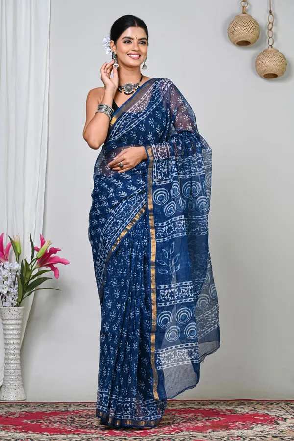 Blue_Kota_Doria_Hand_Block_Print_Saree_For_Women