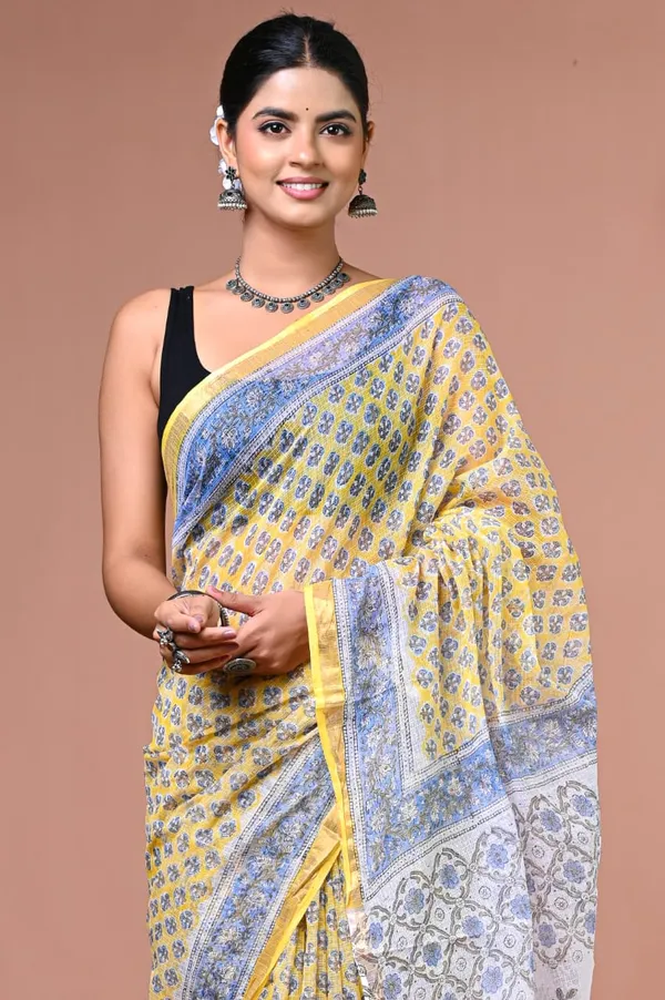 Yellow_Kota_Doria_Hand_Block_Print_Saree_For_Women