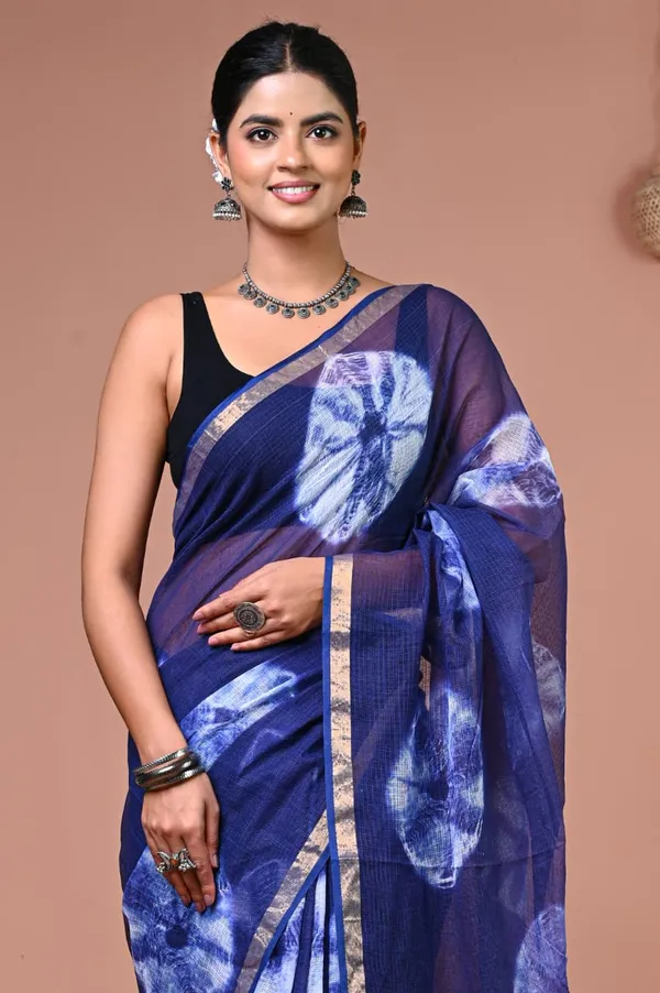 Navy_Blue_Organza_Floral_Print_Golden_Border_Saree_For_Women