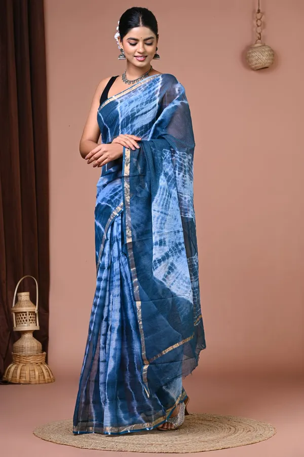Blue_Kota_Doria_Tie_Dye_Golden_Border_Saree_For_Women