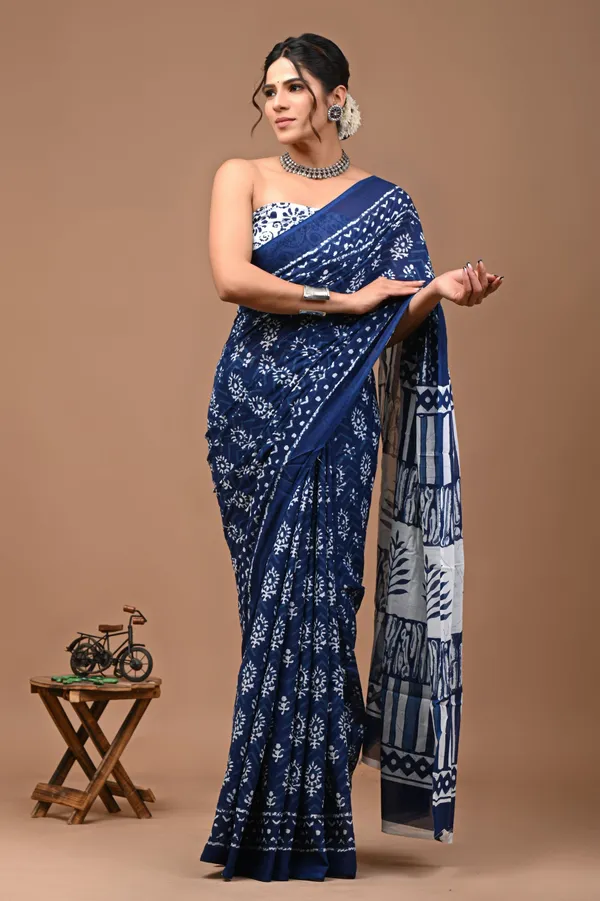 Cotton_MulMul_Blue_Saree_With_Blouse_For_Women