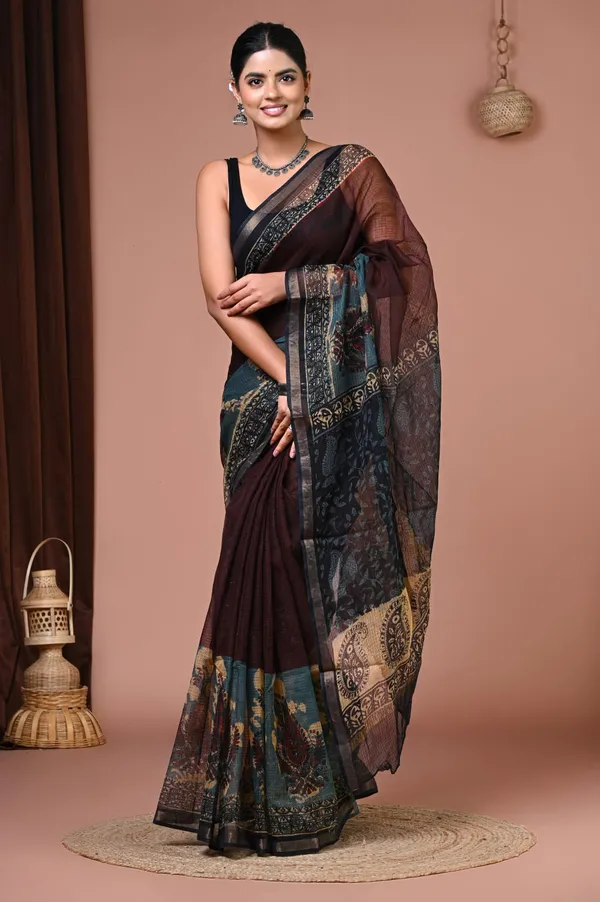 Brown_Kota_Doria_Floral_Border_Printed_Saree_For_Women