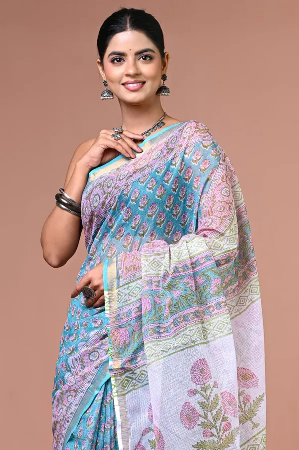 Blue_Pink_Kota_Doria_Floral_Paisley_Printed_Saree_For_Women