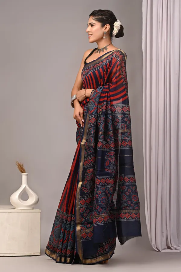 Red_Navy_Blue_Kota_Doria_Striped_Floral_Border_Saree_For_Women