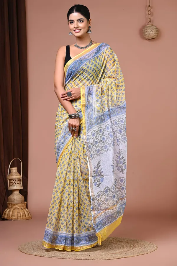 Yellow_Kota_Doria_Hand_Block_Print_Saree_For_Women