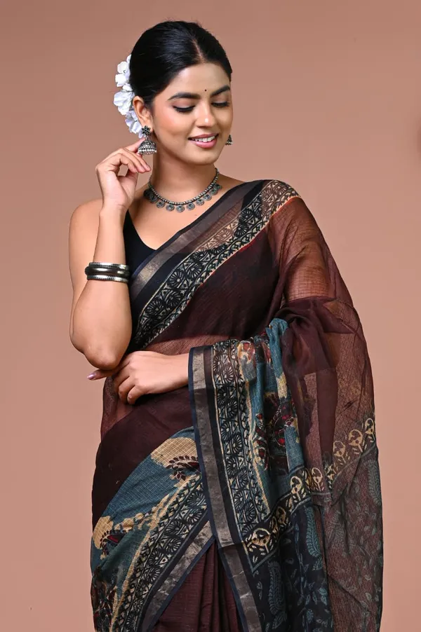 Brown_Kota_Doria_Floral_Border_Printed_Saree_For_Women