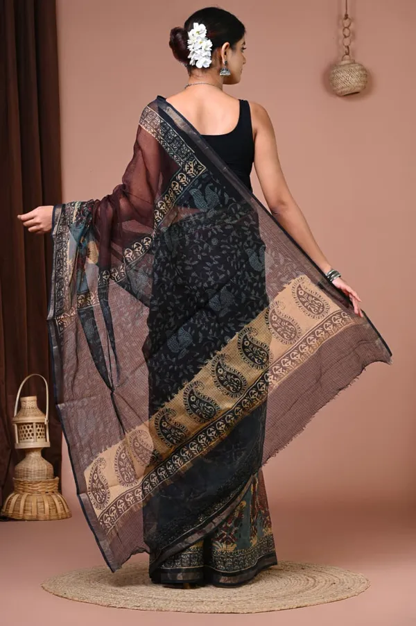 Brown_Kota_Doria_Floral_Border_Printed_Saree_For_Women
