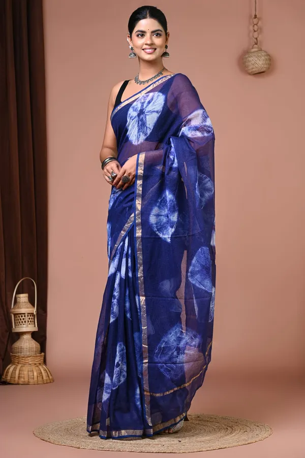 Navy_Blue_Organza_Floral_Print_Golden_Border_Saree_For_Women