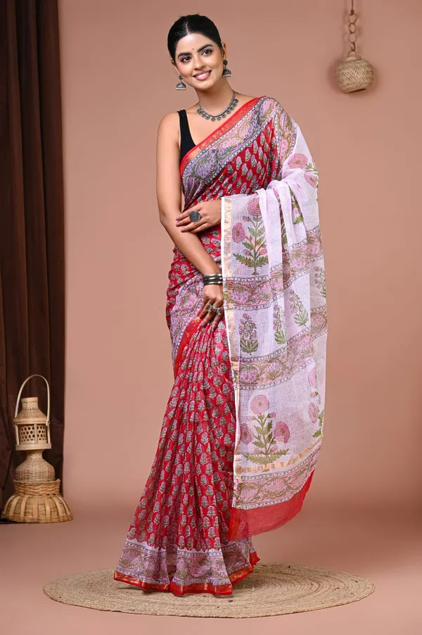 Red_Kota_Doria_Floral_Block_Printed_Saree_For_Women