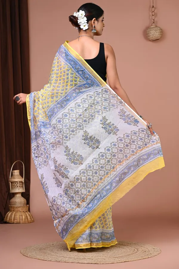 Yellow_Kota_Doria_Hand_Block_Print_Saree_For_Women