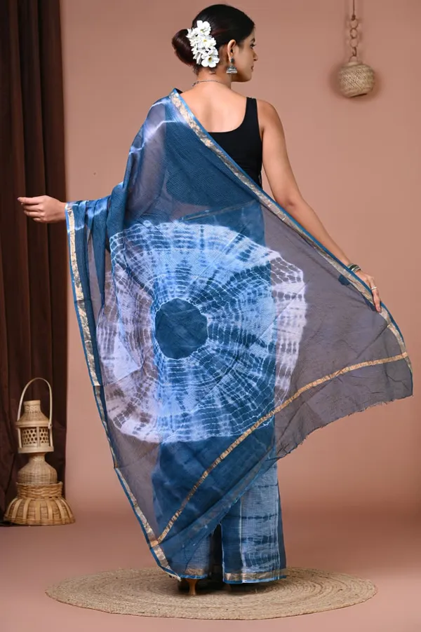 Navy_Blue_Organza_Floral_Print_Golden_Border_Saree_For_Women