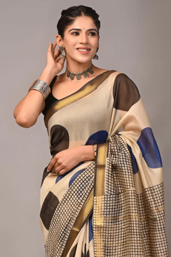 Beige_Maheshwari_Silk_Geometric_Print_Gold_Border_Saree_For_Women