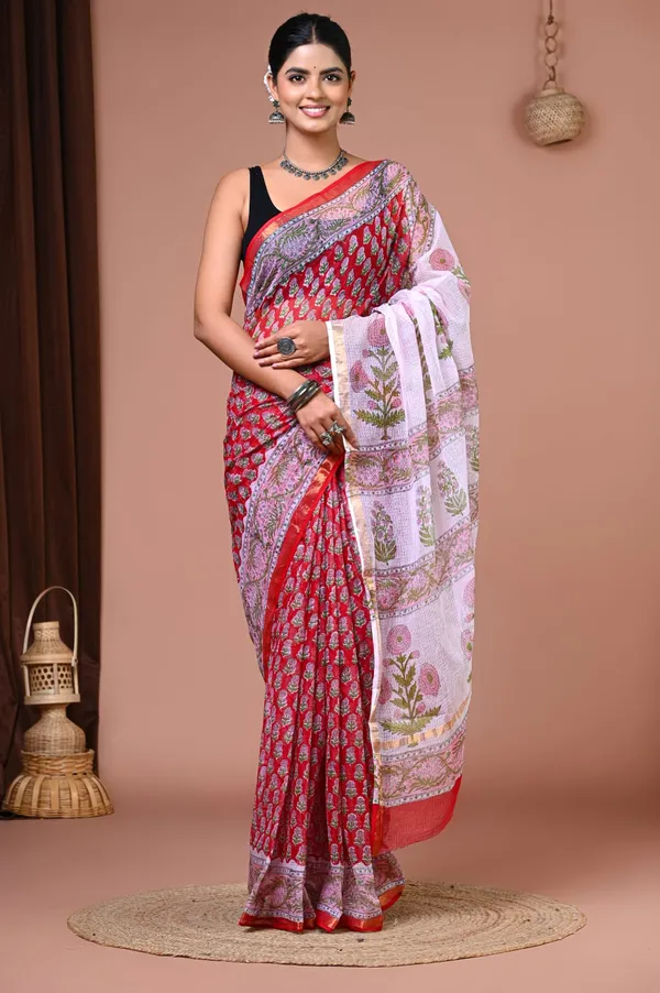 Red_Kota_Doria_Floral_Block_Printed_Saree_For_Women