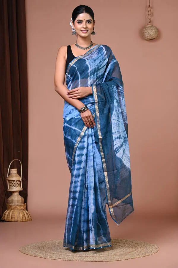 Blue_Kota_Doria_Tie_Dye_Golden_Border_Saree_For_Women