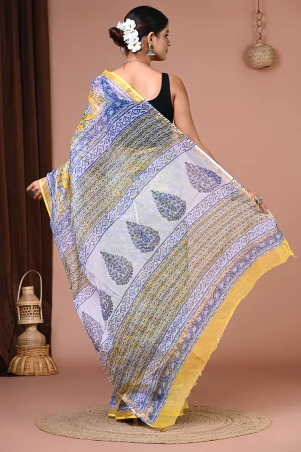 Yellow_Kota_Doria_Hand_Block_Print_Saree_For_Women