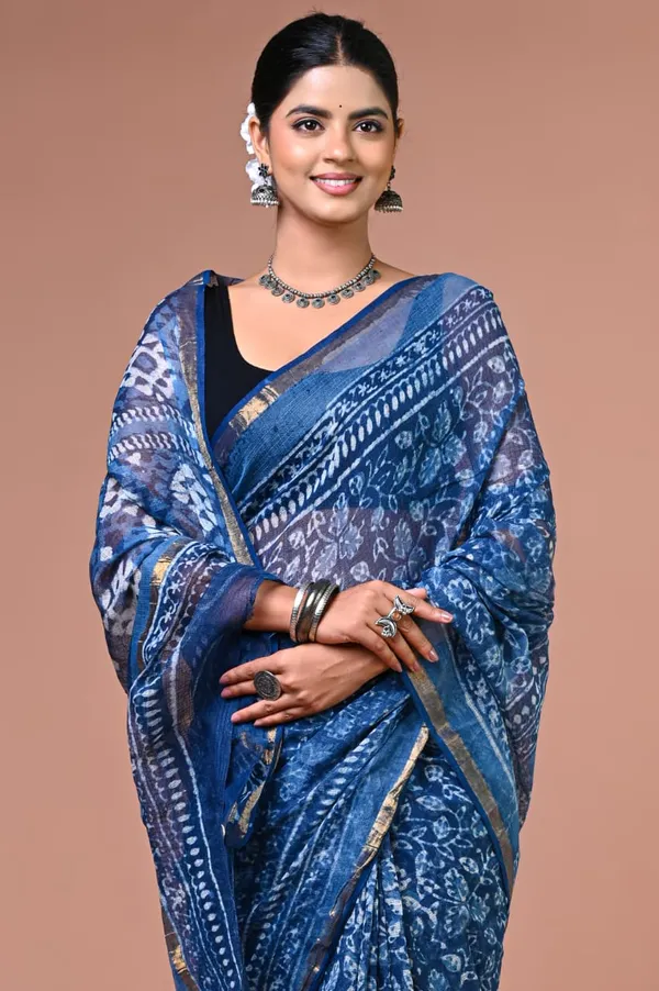 Blue_Kota_Doria_Block_Printed_Saree_For_Women