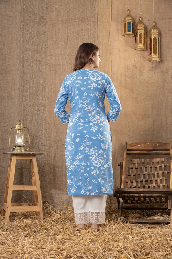 Blue_Floral_Print_Cotton_Straight_Kurta_Set_For_Women
