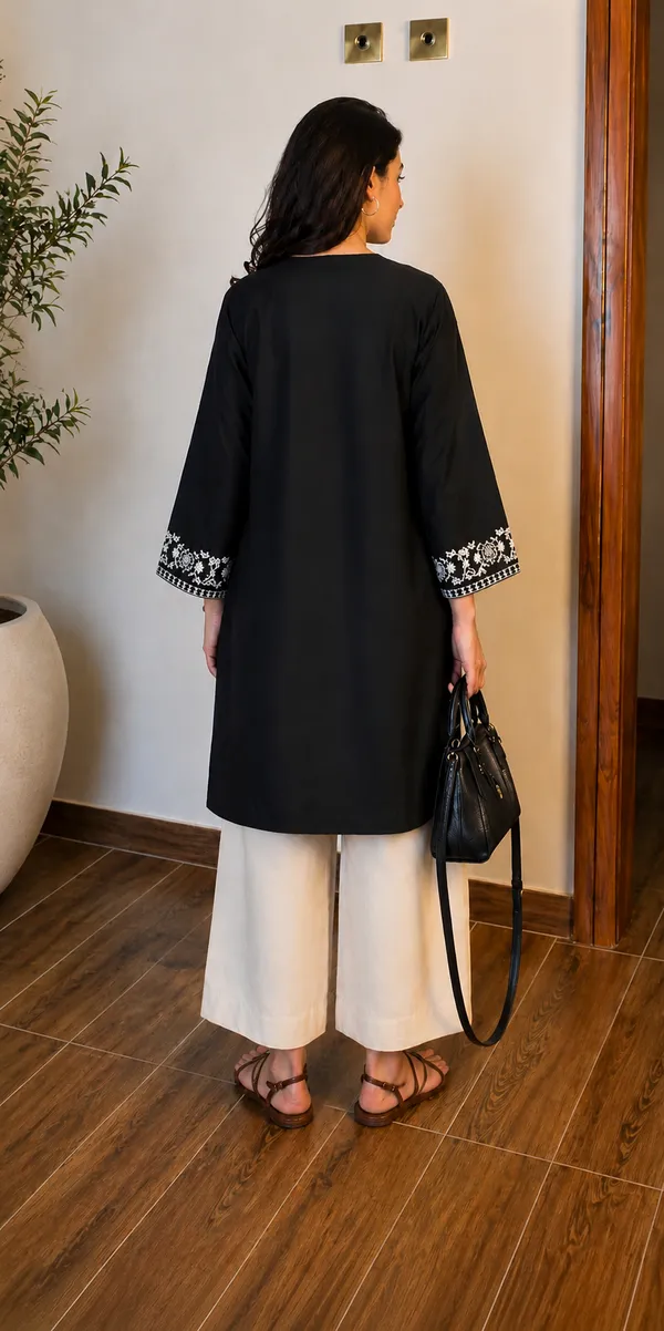 Black_Embroidered_Cotton_Straight_Kurta_White_Pant_Set_For_Women
