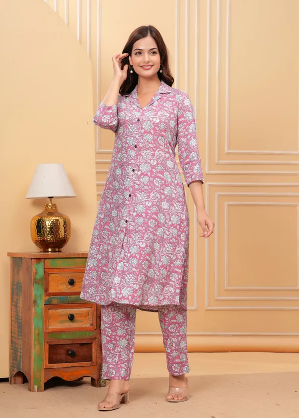 Pink_Floral_Cotton_Blend_A-Line_Kurta_Pant_Set_For_Women