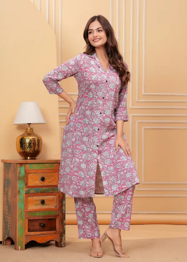 Pink_Floral_Cotton_Blend_A-Line_Kurta_Pant_Set_For_Women