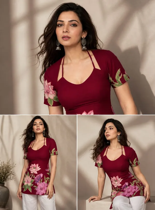 Maroon_Floral_Discharge_Print_Cotton_Cold_Shoulder_Kurti_For_Women