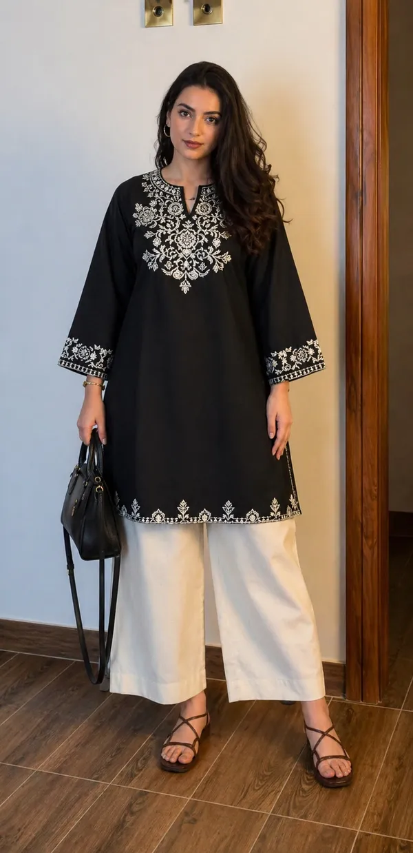 Black_Embroidered_Cotton_Straight_Kurta_White_Pant_Set_For_Women