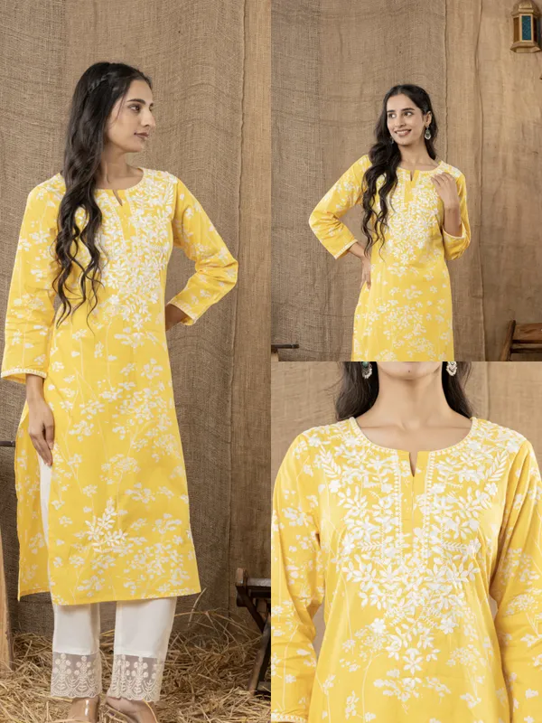 Yellow_Floral_Print_Cotton_Straight_Kurta_Set_For_Women