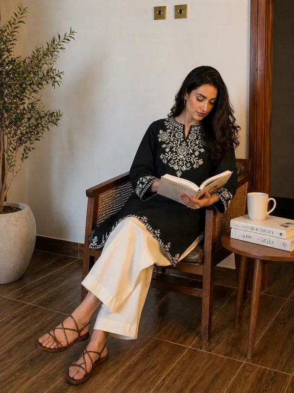 Black_Embroidered_Cotton_Straight_Kurta_White_Pant_Set_For_Women