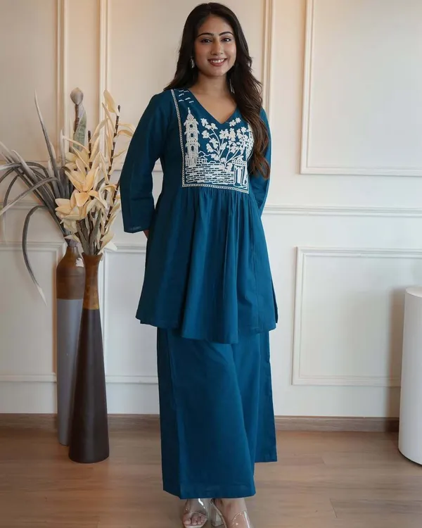 Blue_Pure_Cotton_Embroidered_Flared_Co-Ord_Set_For_Women