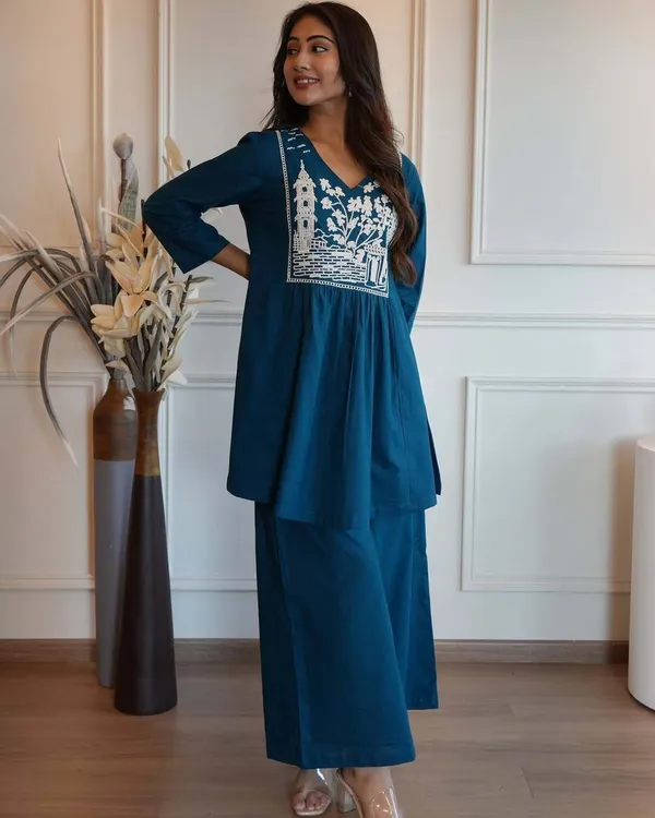 Blue_Pure_Cotton_Embroidered_Flared_Co-Ord_Set_For_Women