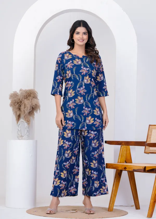 Blue_Pure_Cotton_Floral_Print_Kurta_Palazzo_Co-Ord_Set_For_Women