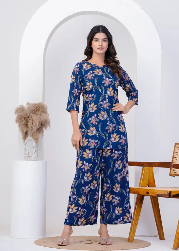 Blue_Pure_Cotton_Floral_Print_Kurta_Palazzo_Co-Ord_Set_For_Women