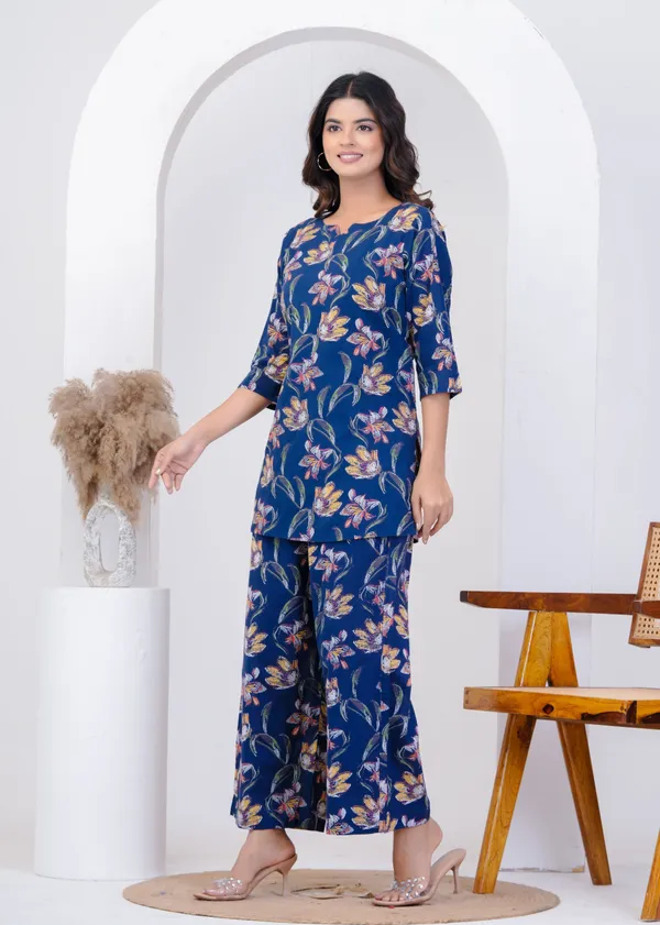 Blue_Pure_Cotton_Floral_Print_Kurta_Palazzo_Co-Ord_Set_For_Women