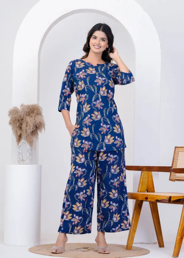 Blue_Pure_Cotton_Floral_Print_Kurta_Palazzo_Co-Ord_Set_For_Women