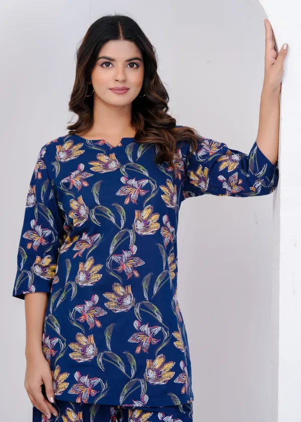Blue_Pure_Cotton_Floral_Print_Kurta_Palazzo_Co-Ord_Set_For_Women