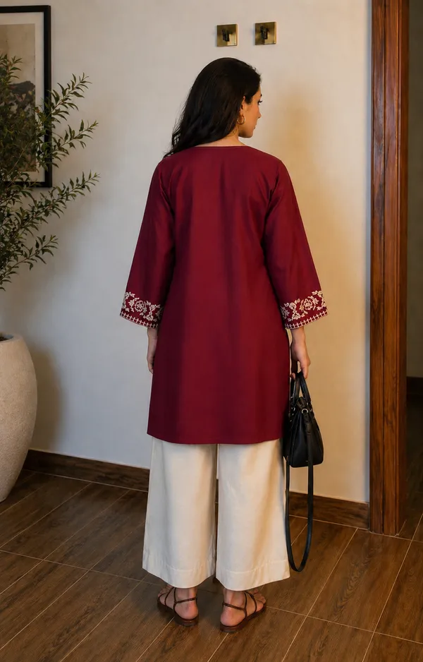 Maroon_Embroidered_Cotton_Straight_Kurta_Set_For_Women