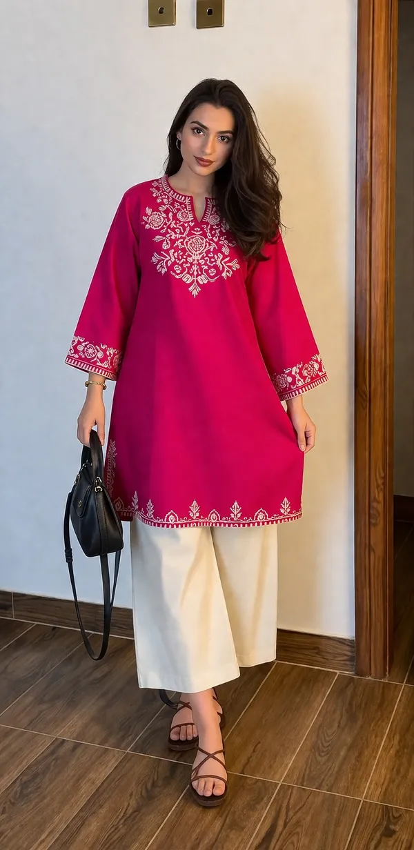 Pink_Embroidered_Cotton_Kurta_White_Palazzo_Set_For_Women