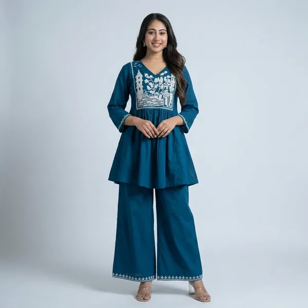 Blue_Pure_Cotton_Embroidered_Flared_Co-Ord_Set_For_Women